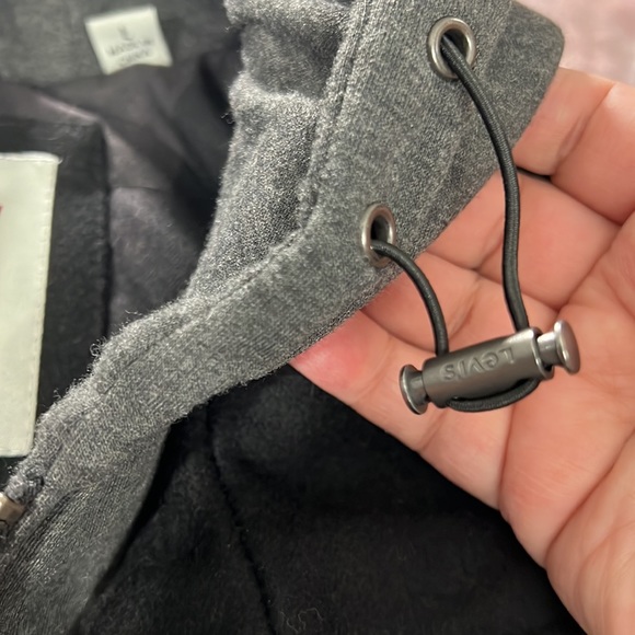 Levi’s Wool Double Zip Hooded Coat Black Gray Quilted W/Pockets Cinch Hood Large - Picture 13 of 14